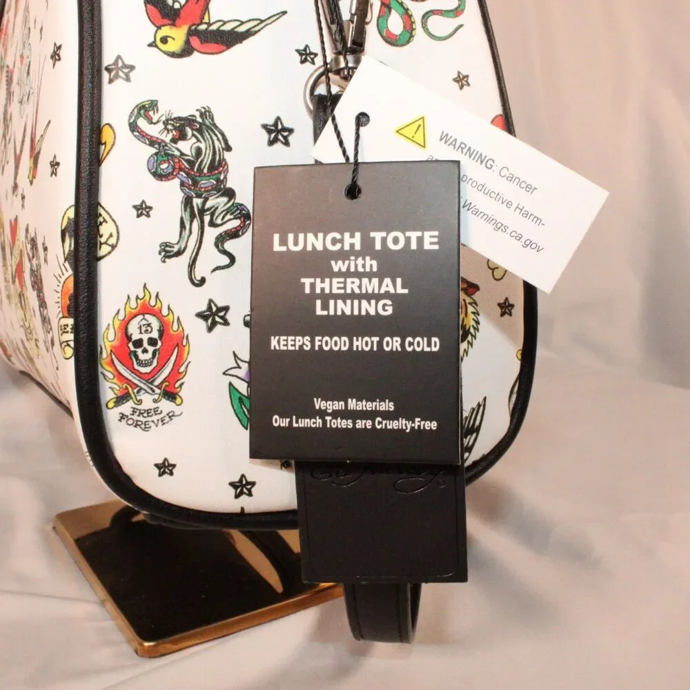 NWT Ed Hardy Insulated Lunch Tote Bag Satchel White Tattoo Flash Crossbody New